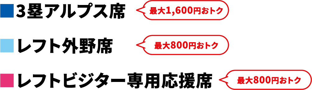 3塁アルプス席 最大1,600円おトク レフト外野席 最大800円おトク レフトビジター専用応援席 最大800円おトク