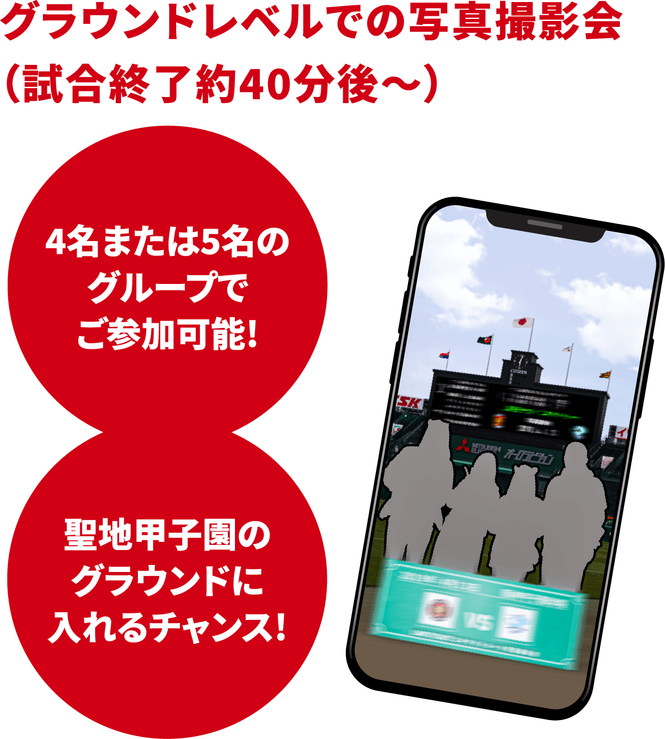 グラウンドレベルでの写真撮影会
            （試合終了約40分後～）4名または5名のグループでご参加可能!聖地甲子園のグラウンドに入れるチャンス!