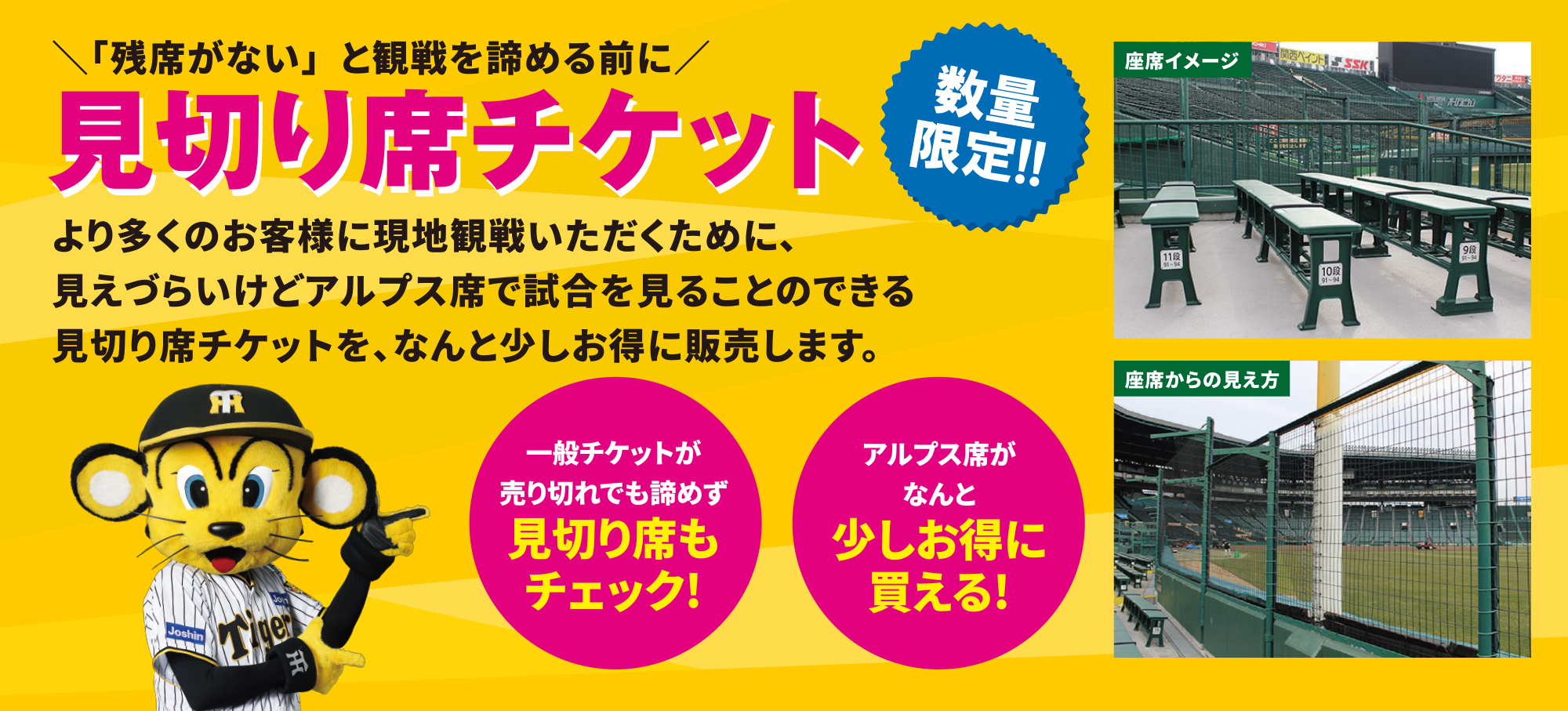 見切り席チケット より多くのお客様に現地観戦いただくために、見えづらいけどアルプス席で試合を見ることのできる見切り席チケットを、なんと少しお得に販売します。